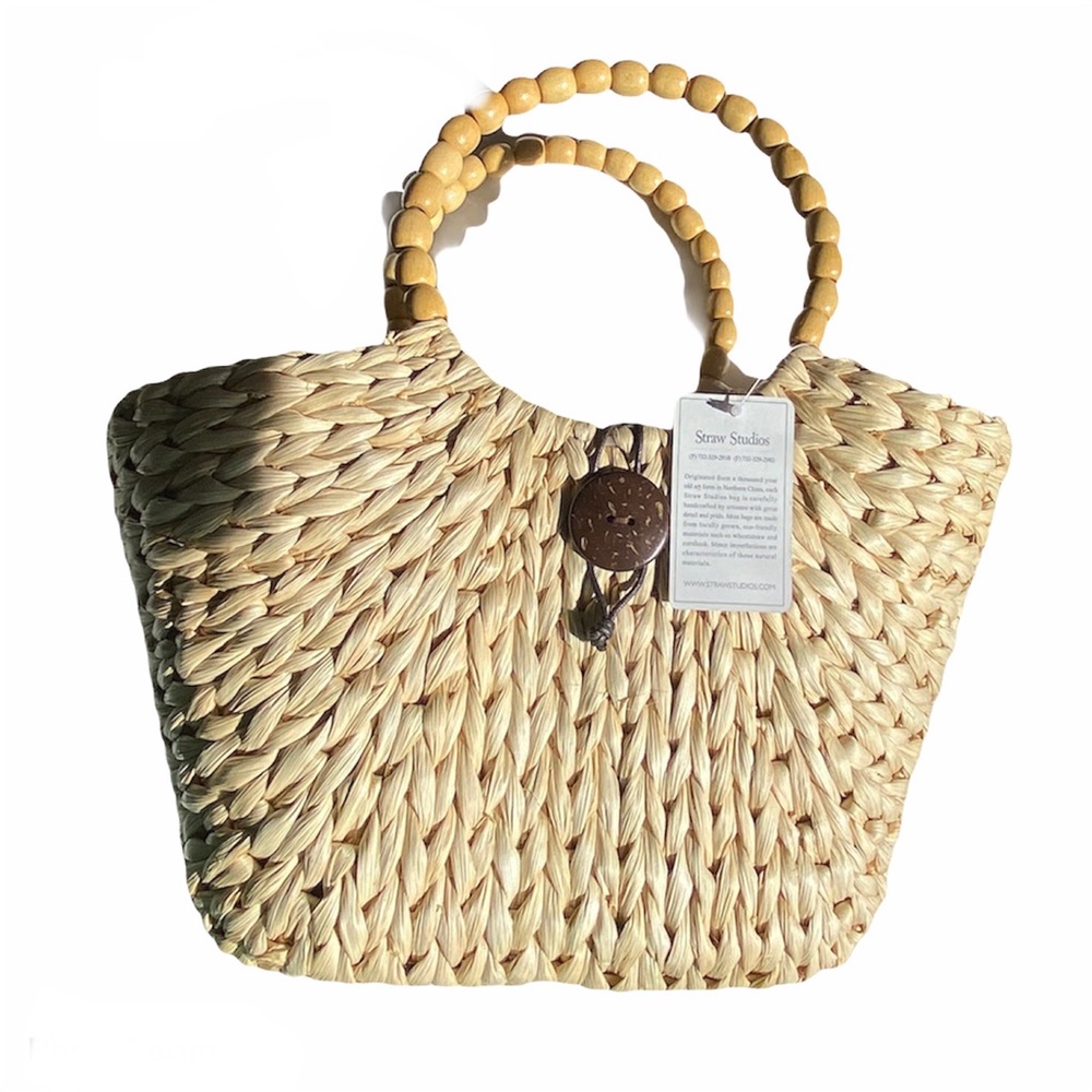 🆕 Straw Tote Bag Beaded Handles Wood Accent NWT